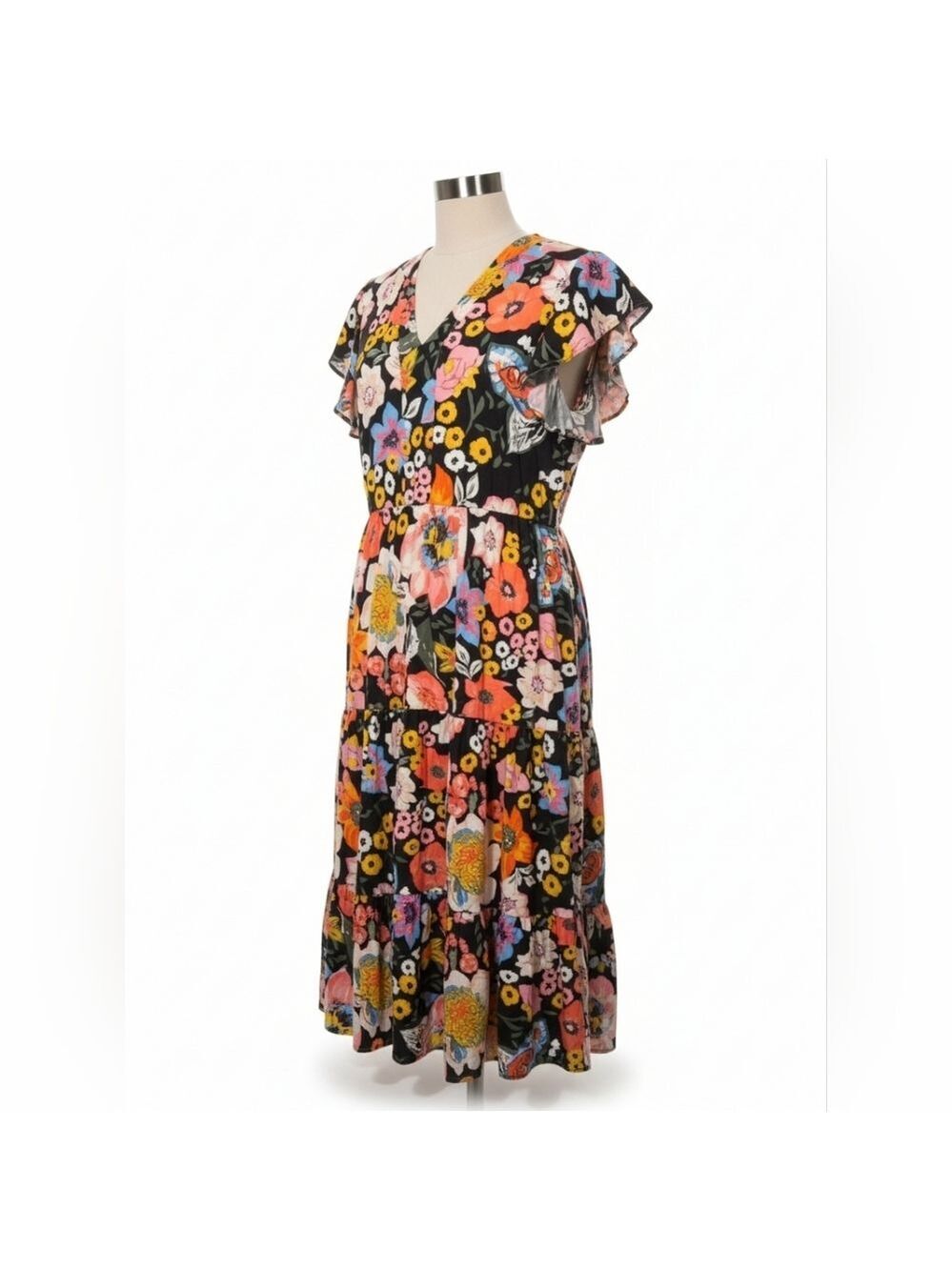 SundayUp Floral Midi Dress Small Ruffle Sleeve Boho Garden Party